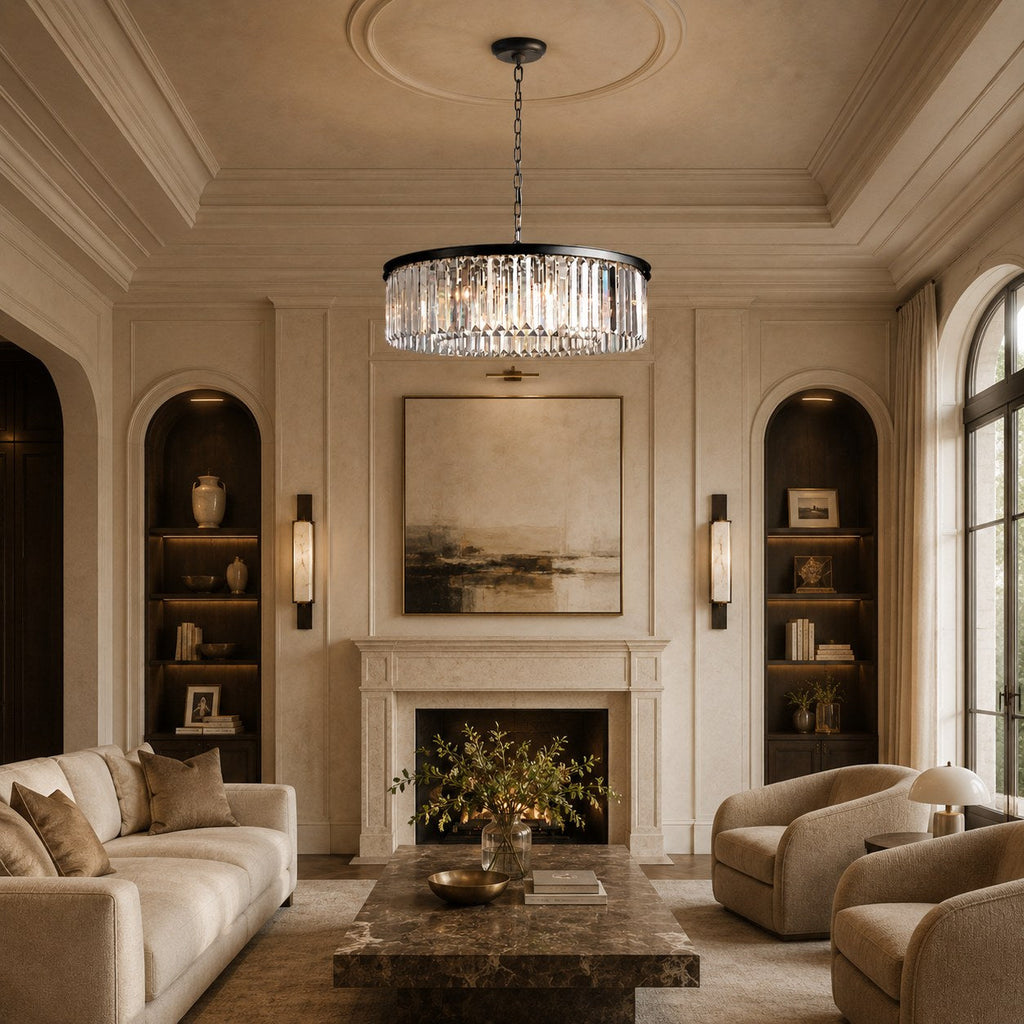 Large 84cm Round K9 Crystal Chandelier – Brass or Bronze 8-Light Art Deco Ceiling Pendant | ribuella