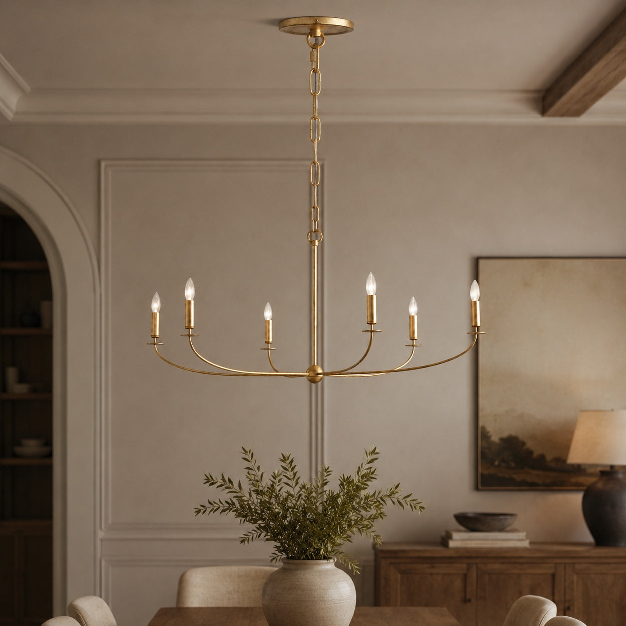 Large Antique Gold Leaf Round Chandelier – 6 or 8 Light Iron Dining Room Ceiling Light | ribuella
