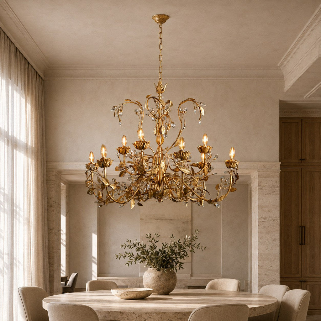 Luxuriöser runder Kristall-Kronleuchter mit Blättern – große goldene oder bronzefarbene Leuchte für Esszimmer und Eingangsbereich, 36″/48″ | ribuella