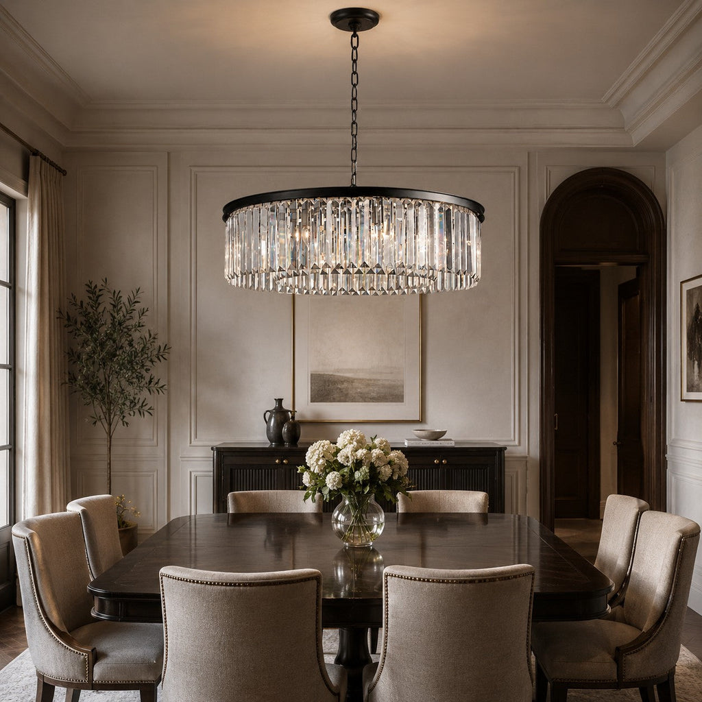 Large 84cm Round K9 Crystal Chandelier – Brass or Bronze 8-Light Art Deco Ceiling Pendant | ribuella