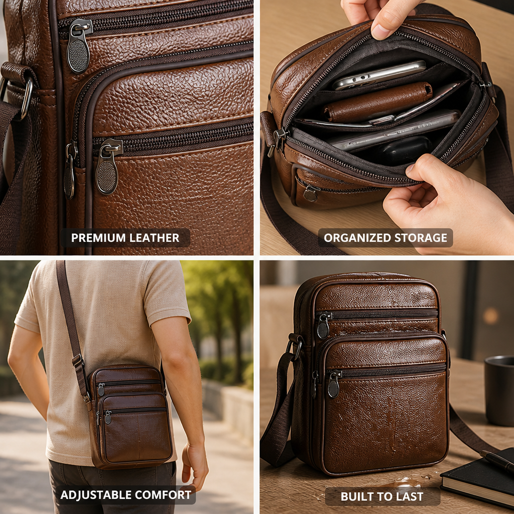 Top-Grain Cowhide Crossbody Bag (Multiple Compartments & Adjustable Strap) | ribuella