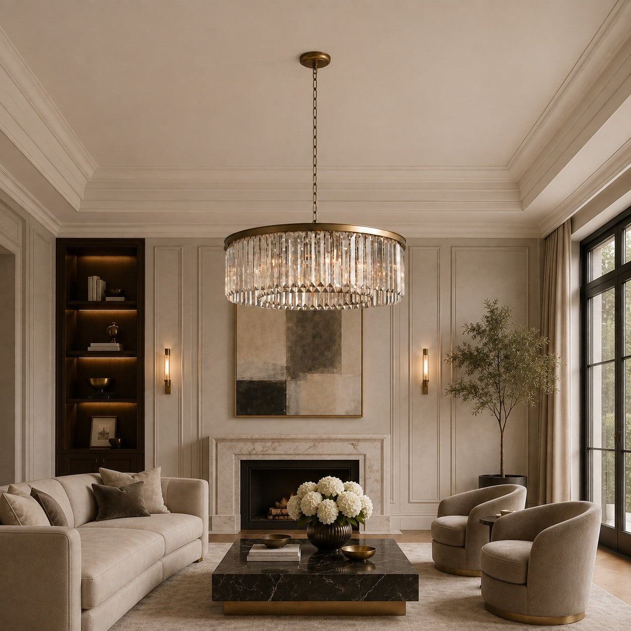 Large 84cm Round K9 Crystal Chandelier – Brass or Bronze 8-Light Art Deco Ceiling Pendant | ribuella
