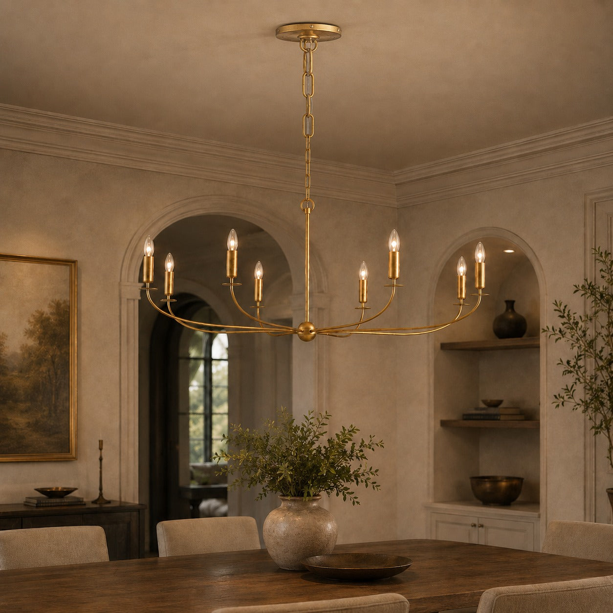 Large Antique Gold Leaf Round Chandelier – 6 or 8 Light Iron Dining Room Ceiling Light | ribuella