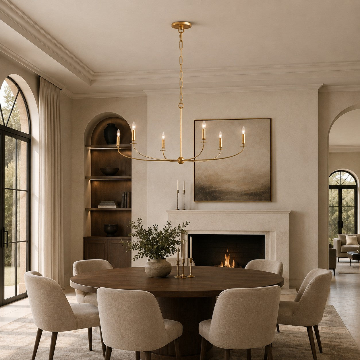 Large Antique Gold Leaf Round Chandelier – 6 or 8 Light Iron Dining Room Ceiling Light | ribuella