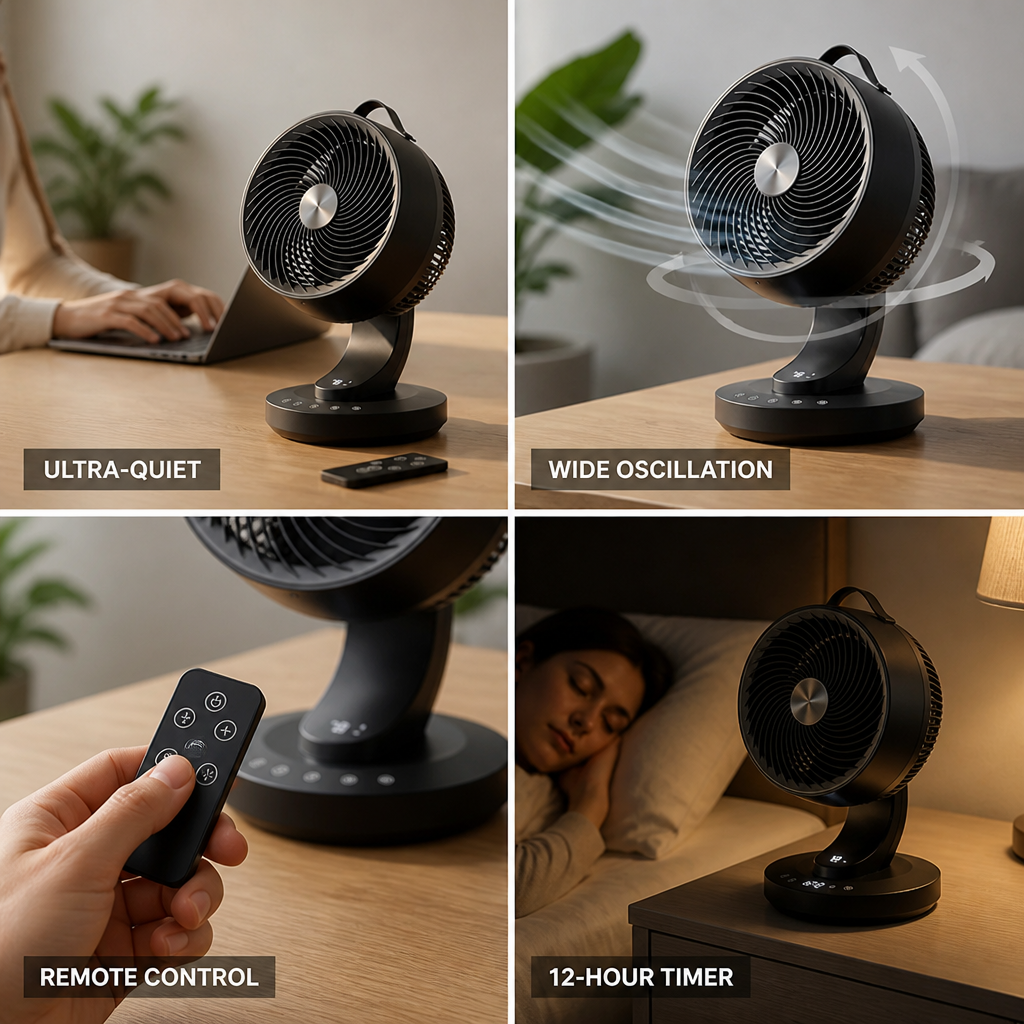 Ultra-Quiet Oscillating Desk Fan (Remote & 12-Hour Timer) | ribuella