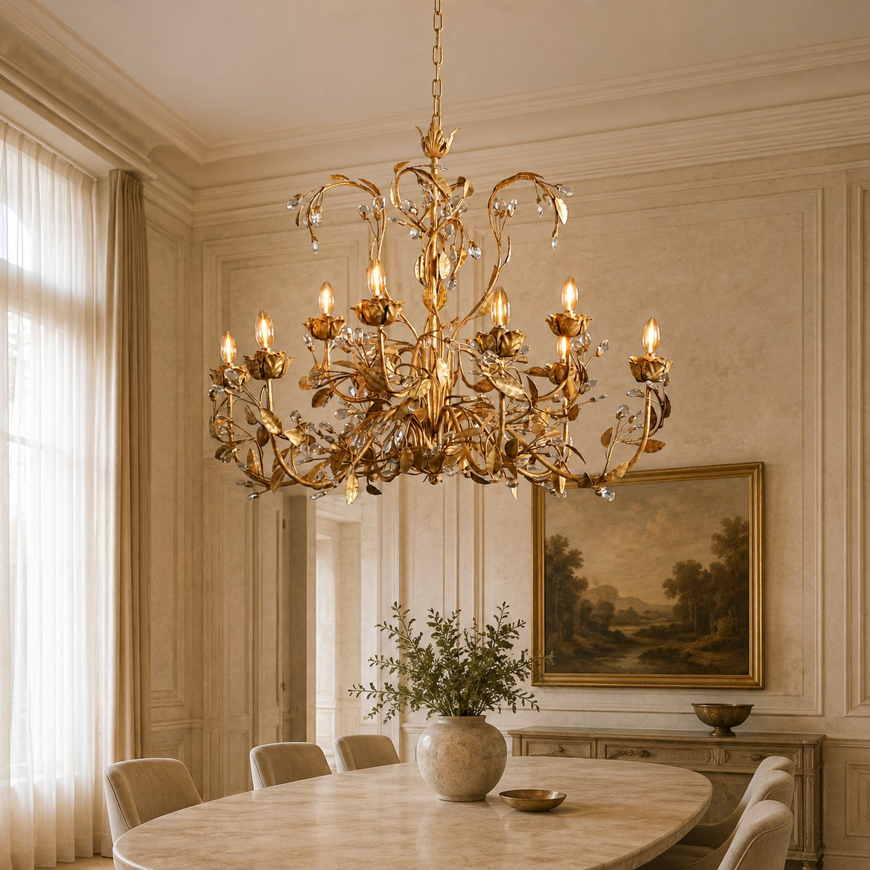 Luxuriöser runder Kristall-Kronleuchter mit Blättern – große goldene oder bronzefarbene Leuchte für Esszimmer und Eingangsbereich, 36″/48″ | ribuella