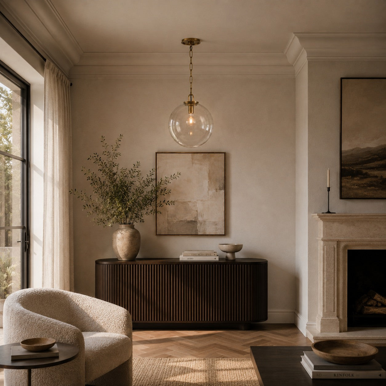 Modern Glass Globe Pendant Light with Chain – Brass or Bronze, Clear or Milk Glass | ribuella