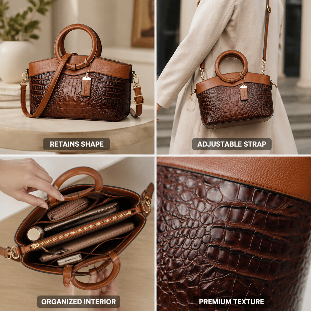 Structured Embossed Top-Handle Bag (Adjustable Strap) | ribuella