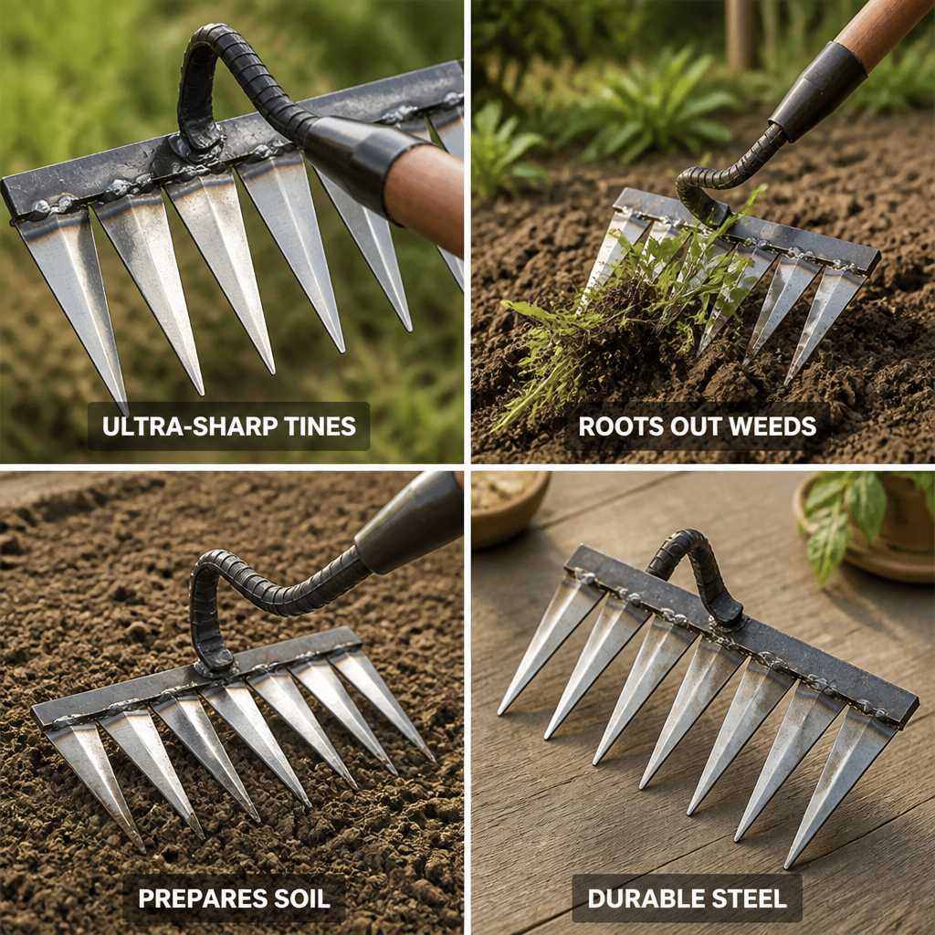 Ultra-Sharp Carbon Steel Garden Rake (4–7 Tines) | ribuella