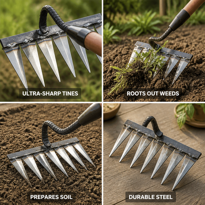 Ultra-Sharp Carbon Steel Garden Rake (4–7 Tines) | ribuella