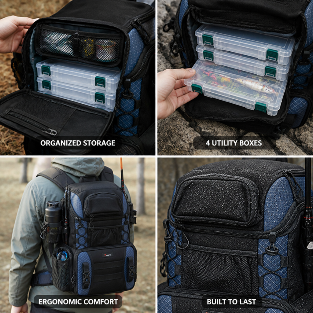 Rod Holders & Ergonomic Fishing Tackle Backpack (Includes 4 Utility Boxes) | ribuella