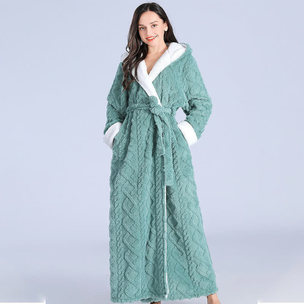 Long Warm Hooded Plush Dressing Gown — Practical Pockets Windproof Robe