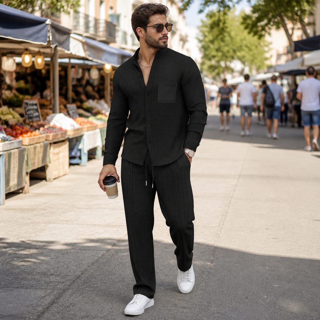 Stridonity – Relaxed Waffle-Texture Band-Collar Shirt & Pants Set | ribuella