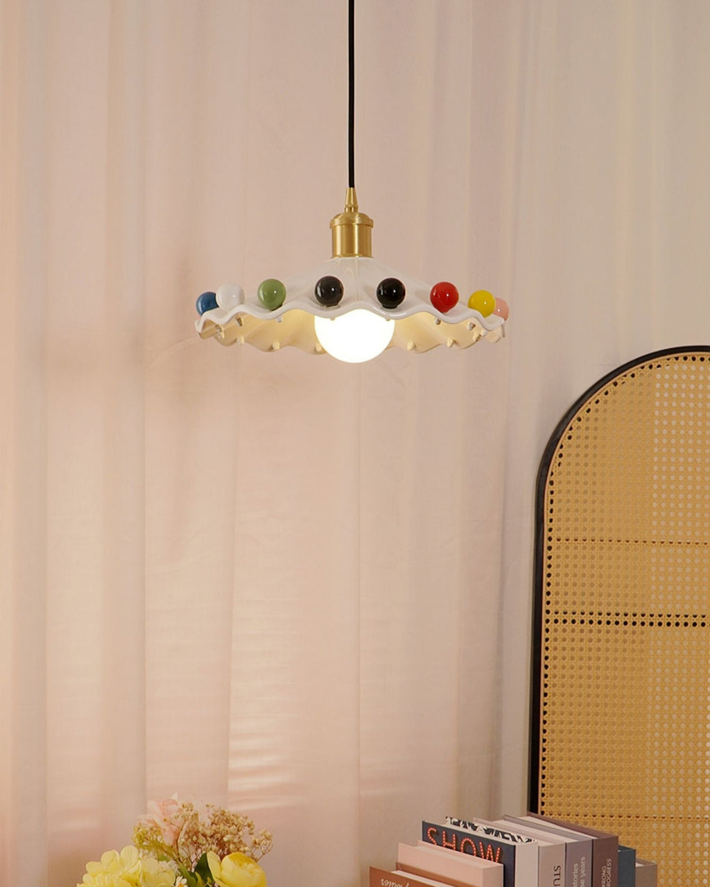 Fonthill Pendant Lamp, Sculpted Wavy Form, Glossy Bead Detail