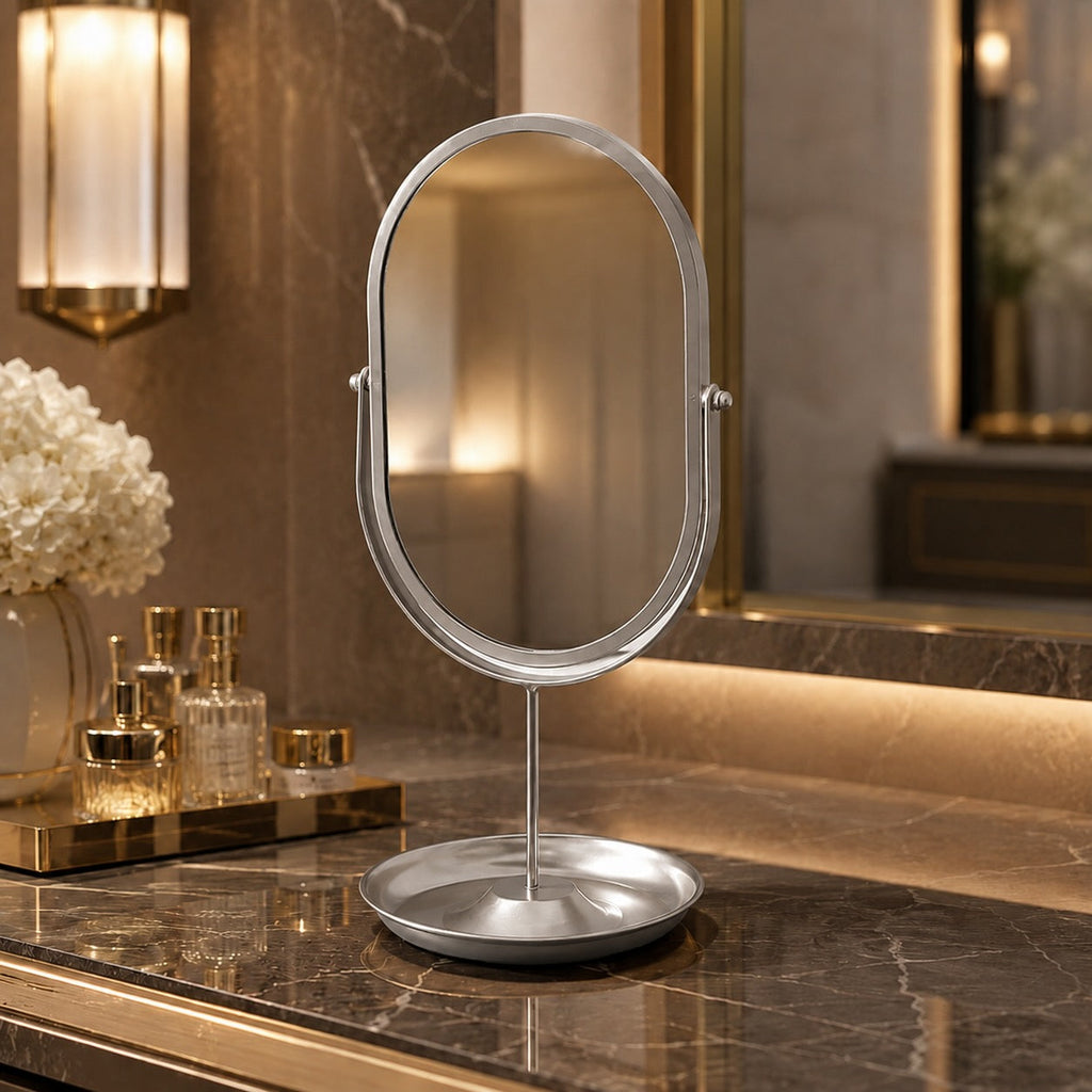 Modern Oval Makeup Mirror 360° Rotating Desktop Stand Wrought Iron Frame with HD Glass | ribuella