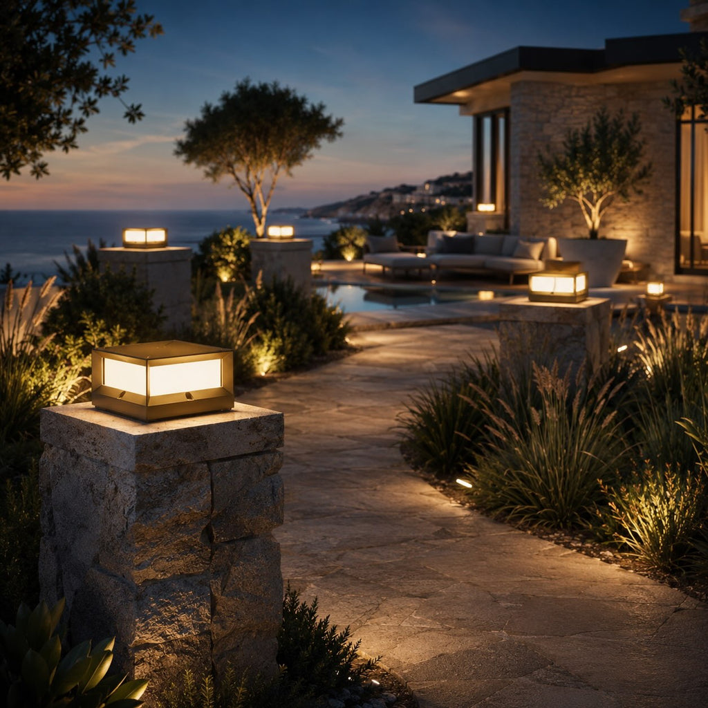 Moderne Solar-Gartenleuchten für den Außenbereich im Pfeilerdesign, wasserdicht, Aluminium, LED, 3200K | ribuella