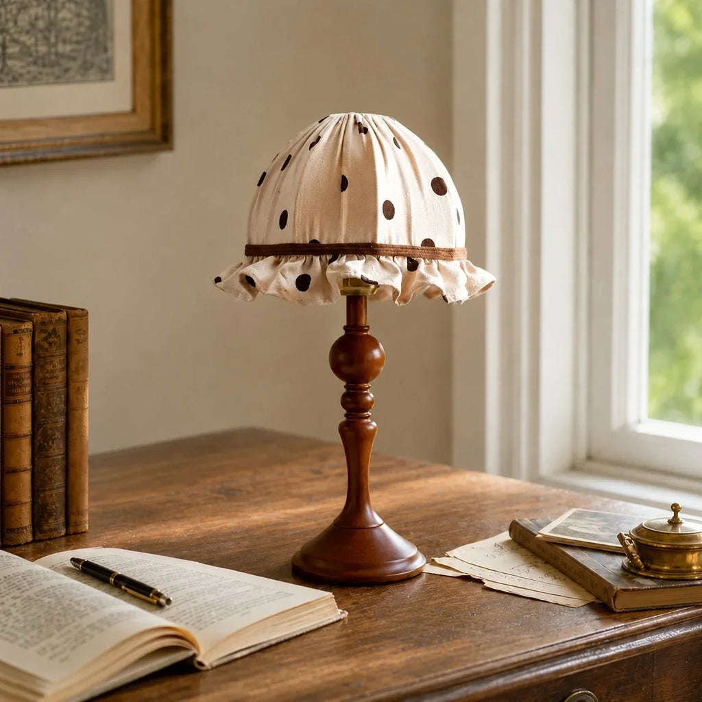 French Vintage Polka Dot Fabric Table Lamp White or Brown Trim