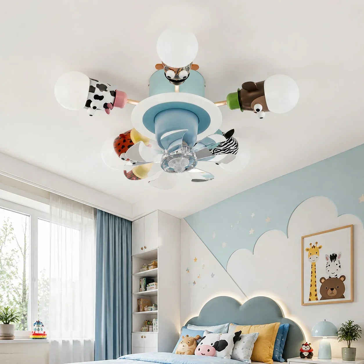 Kids Animal Ceiling Fan Light - Full-Spectrum Lighting, Globe Shades, Transparent Blades