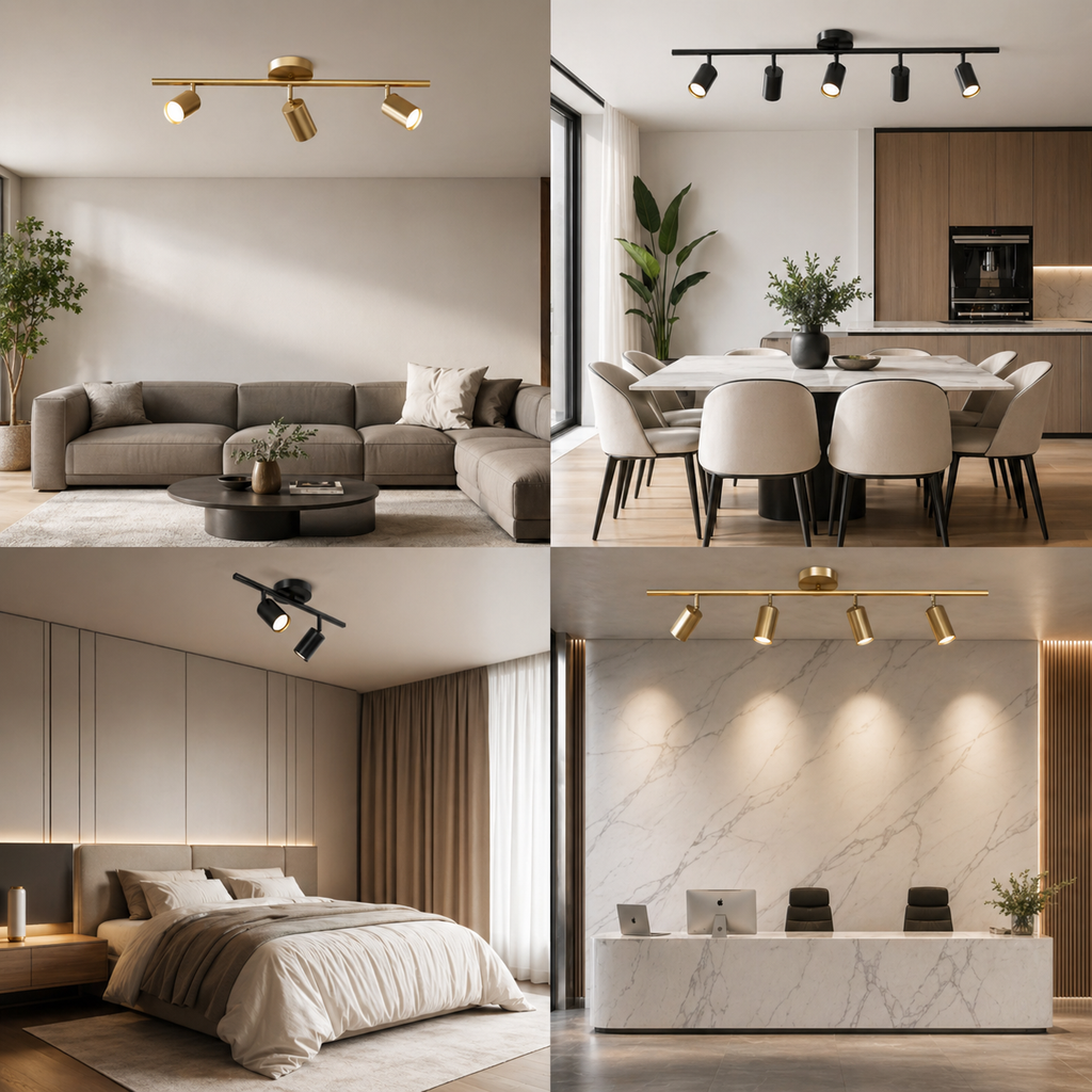 Moderne höhenverstellbare Deckenleuchte zur Aufbaumontage aus Metall mit individuell einstellbaren Spotlights | ribuella
