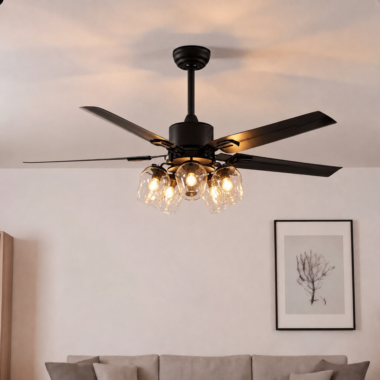 Industrial Black Ceiling Fan Light Flush Mount Metal Adjustable LED 52 Inch 60W | ribuella
