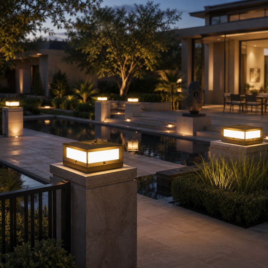 Moderne Solar-Gartenleuchten für den Außenbereich im Pfeilerdesign, wasserdicht, Aluminium, LED, 3200K | ribuella