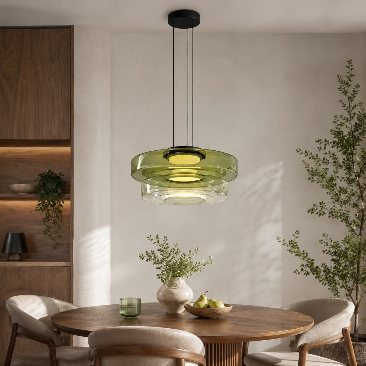 Modern Glass Pendant Light Hanging Fixture with Adjustable Height Dimmable LED and Iron Finish | ribuella
