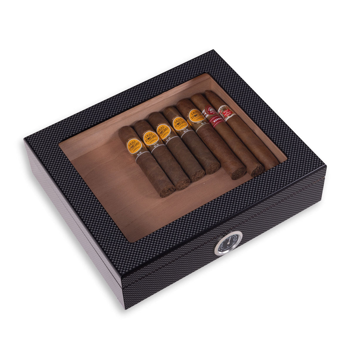 Boîte de rangement de bureau pour cigares — couvercle transparent, hygromètre compact