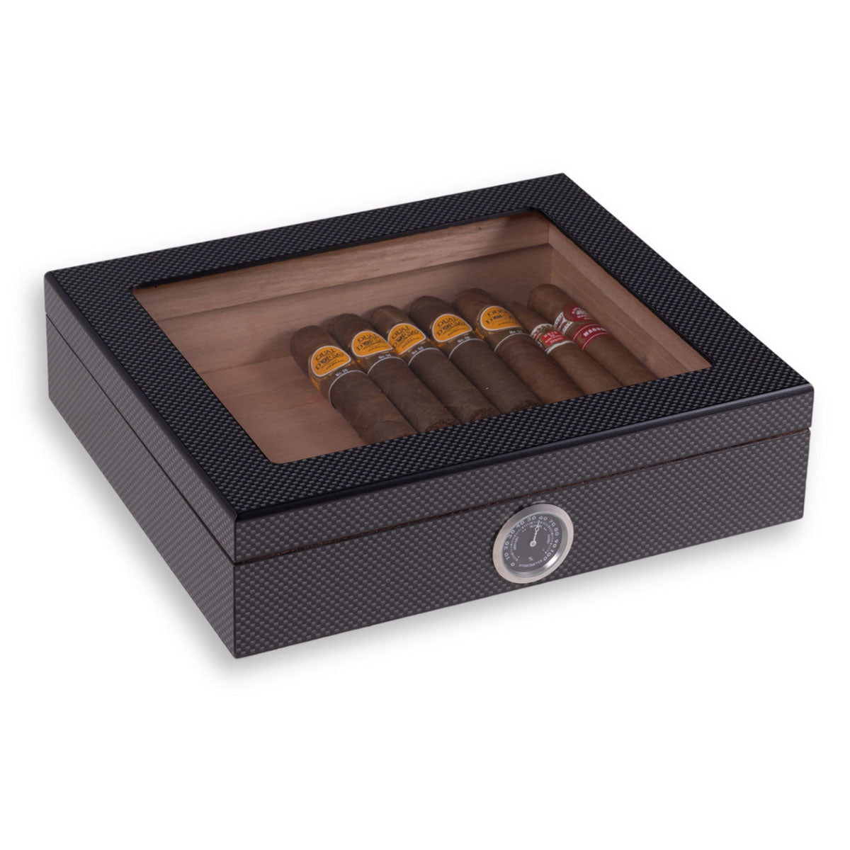 Boîte de rangement de bureau pour cigares — couvercle transparent, hygromètre compact