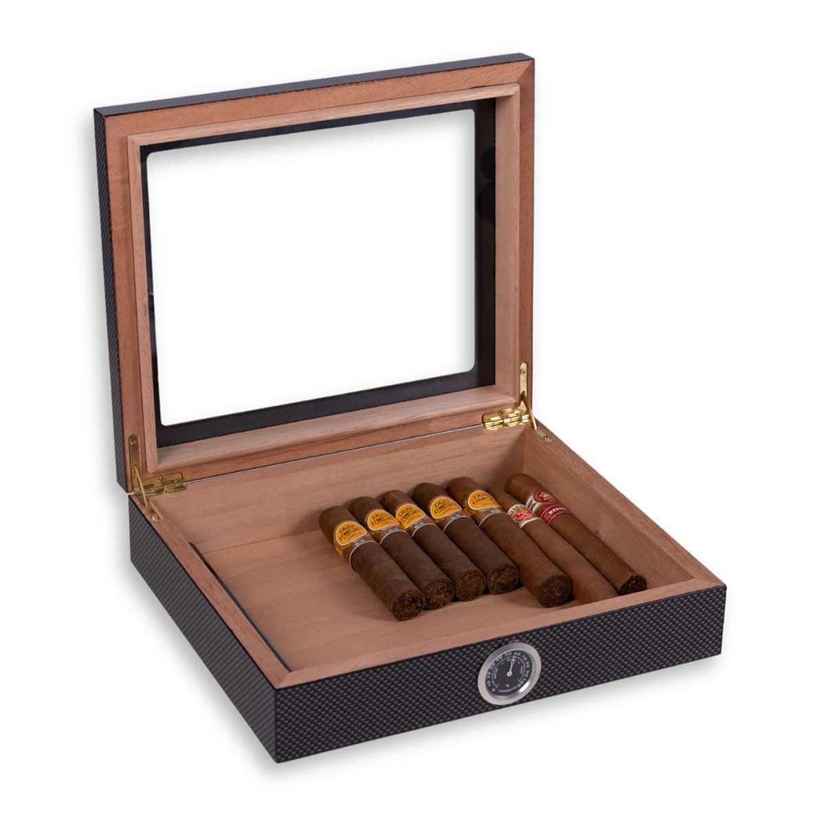 Boîte de rangement de bureau pour cigares — couvercle transparent, hygromètre compact