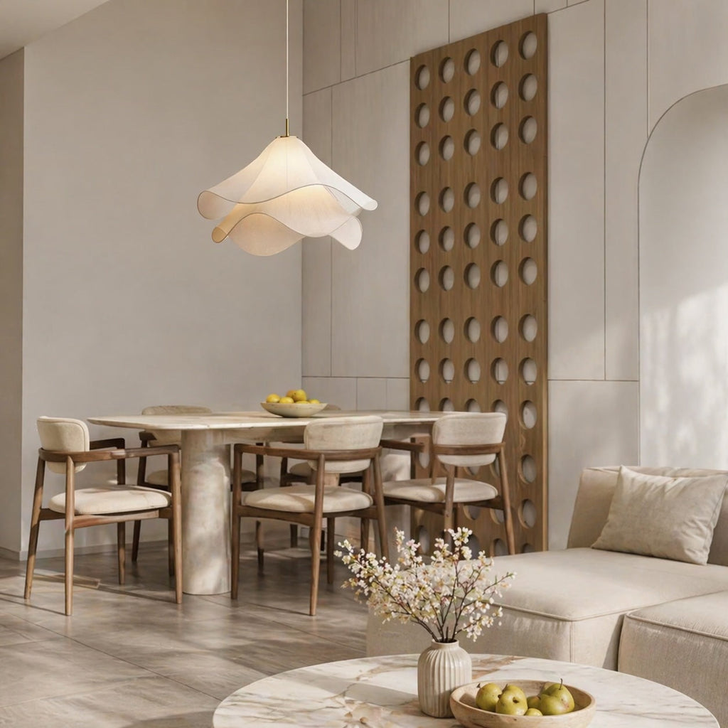 Moderne Pendelleuchte im Japandi-Stil mit Stoffschirm | ribuella