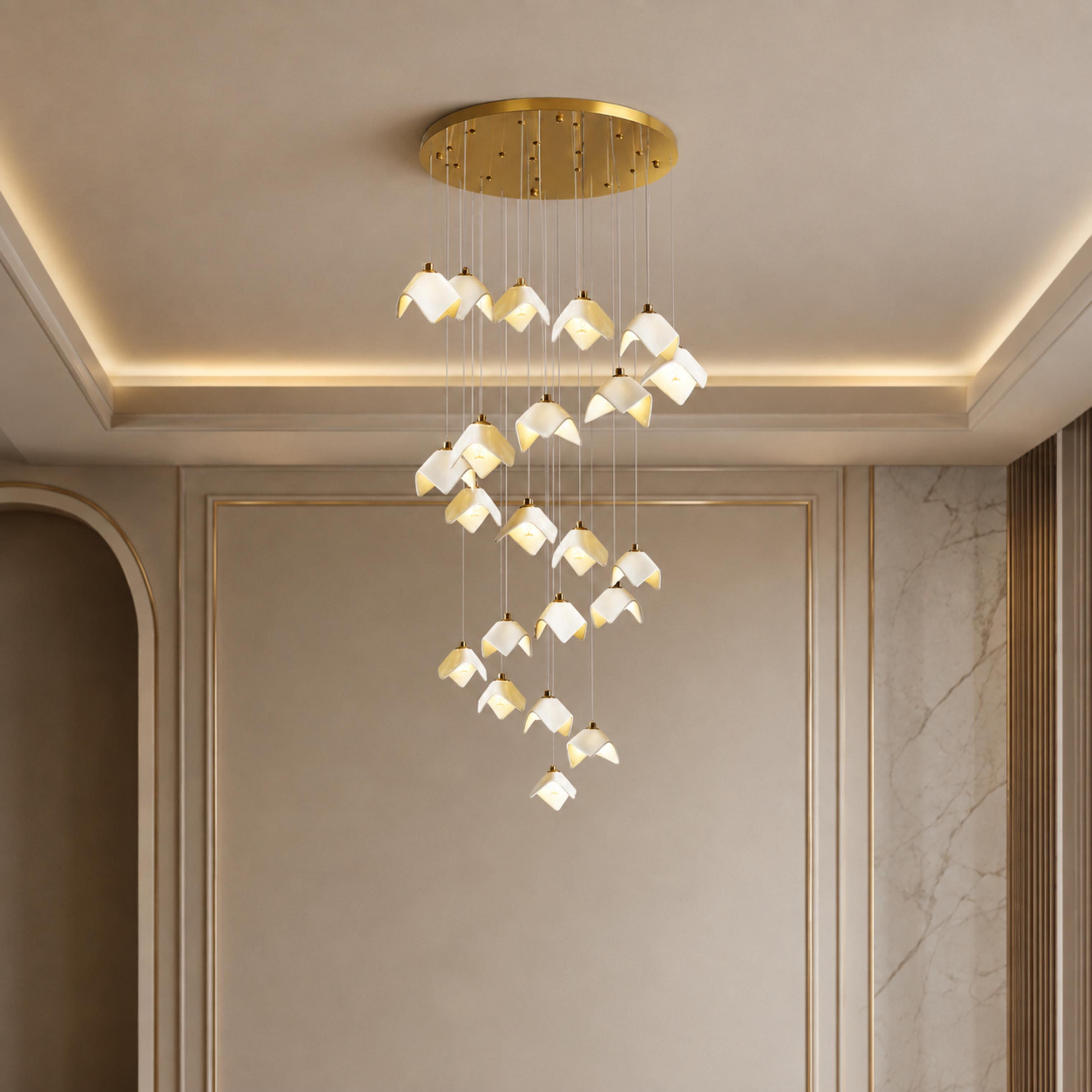 Moderner Kronleuchter, höhenverstellbare goldfarbene Deckenleuchte aus Metall und Keramik, LED-Leuchte für 7 bis 64 Glühbirnen | ribuella