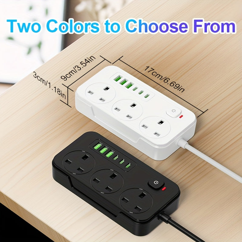Ciabatta elettrica da 13A con 9 porte, 3 prese CA, 6 porte USB e cavo di prolunga da 2M