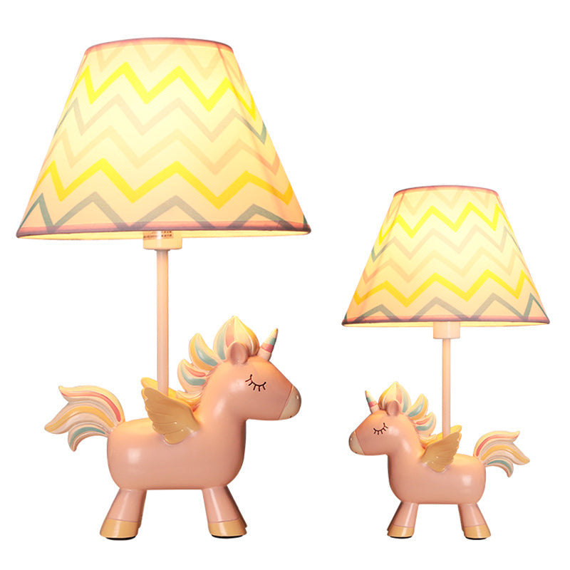 PixieGlow-bordlampe med enhjørningetryk på stofskærm, pink og blå design