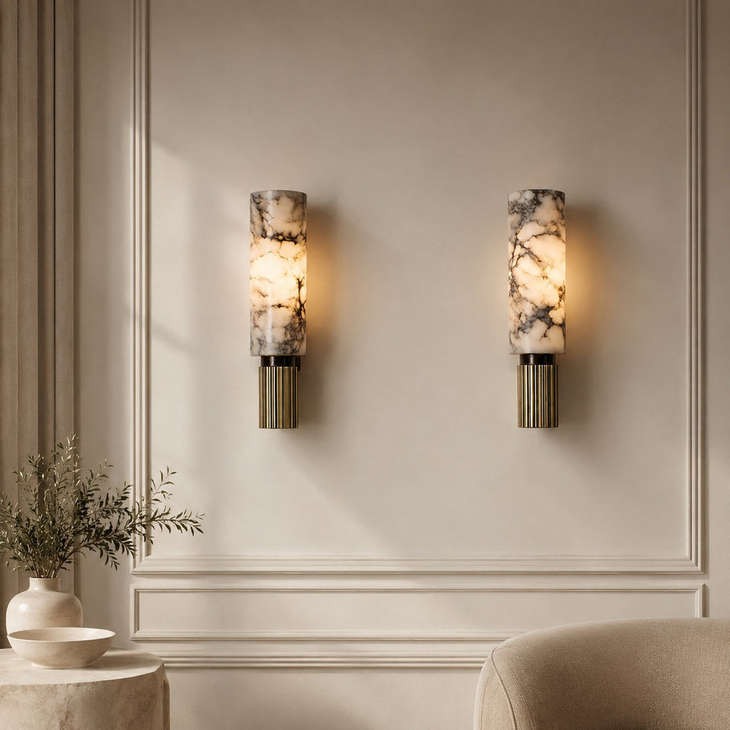 Contemporary Wall Light Wall Mounted Alabaster Cylinder Fluted Copper Base LED Sconce 38cm | ribuella