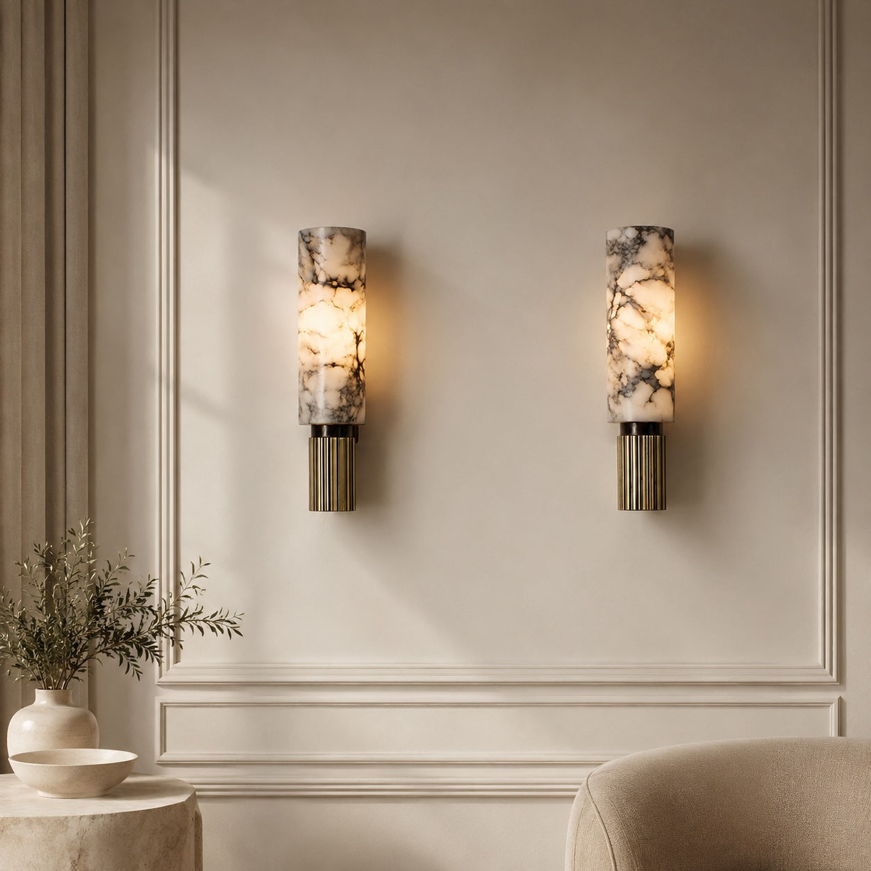 Contemporary Wall Light Wall Mounted Alabaster Cylinder Fluted Copper Base LED Sconce 38cm | ribuella