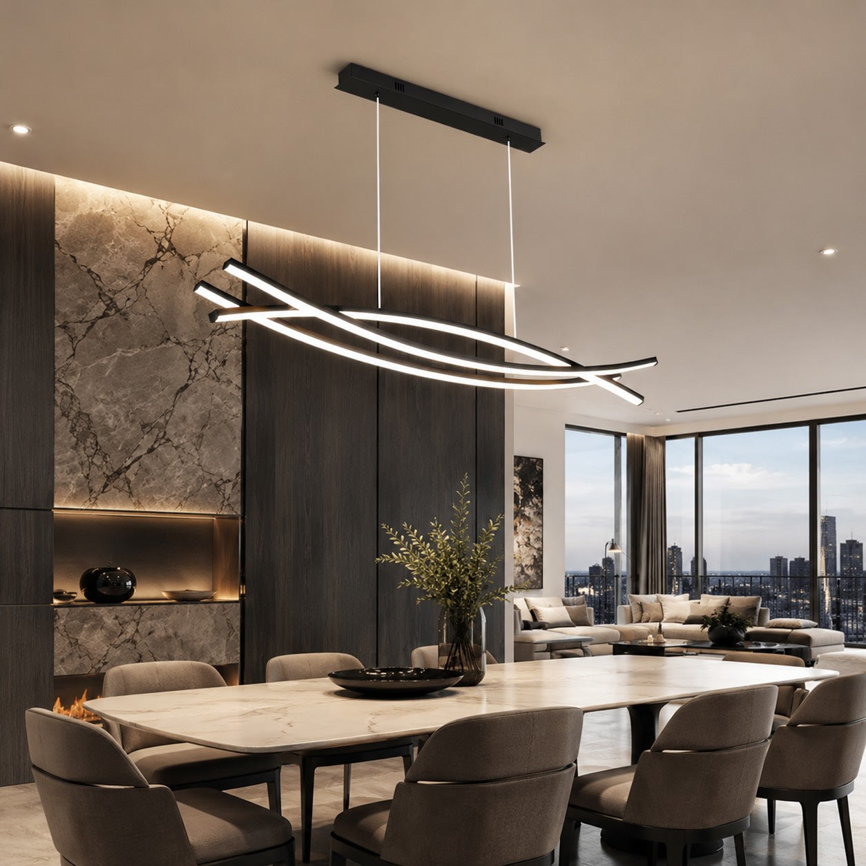 Modern Black Pendant Light Linear Hanging Aluminum LED Fixture with Adjustable Height Dimmable | ribuella