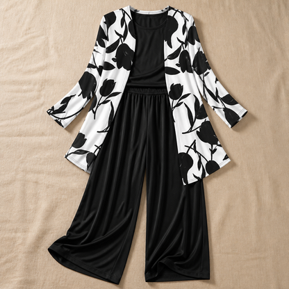 VelaLuxe – Elegant 3-Piece Set with Floral Cardigan & Wide-Leg Pants | ribuella