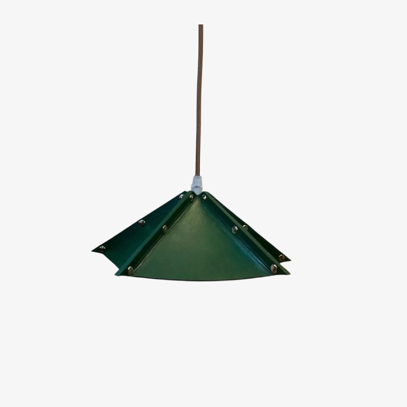 Compact Folded Leather Pendant Lamp, Warm Vintage Glow, Raised Seam Details
