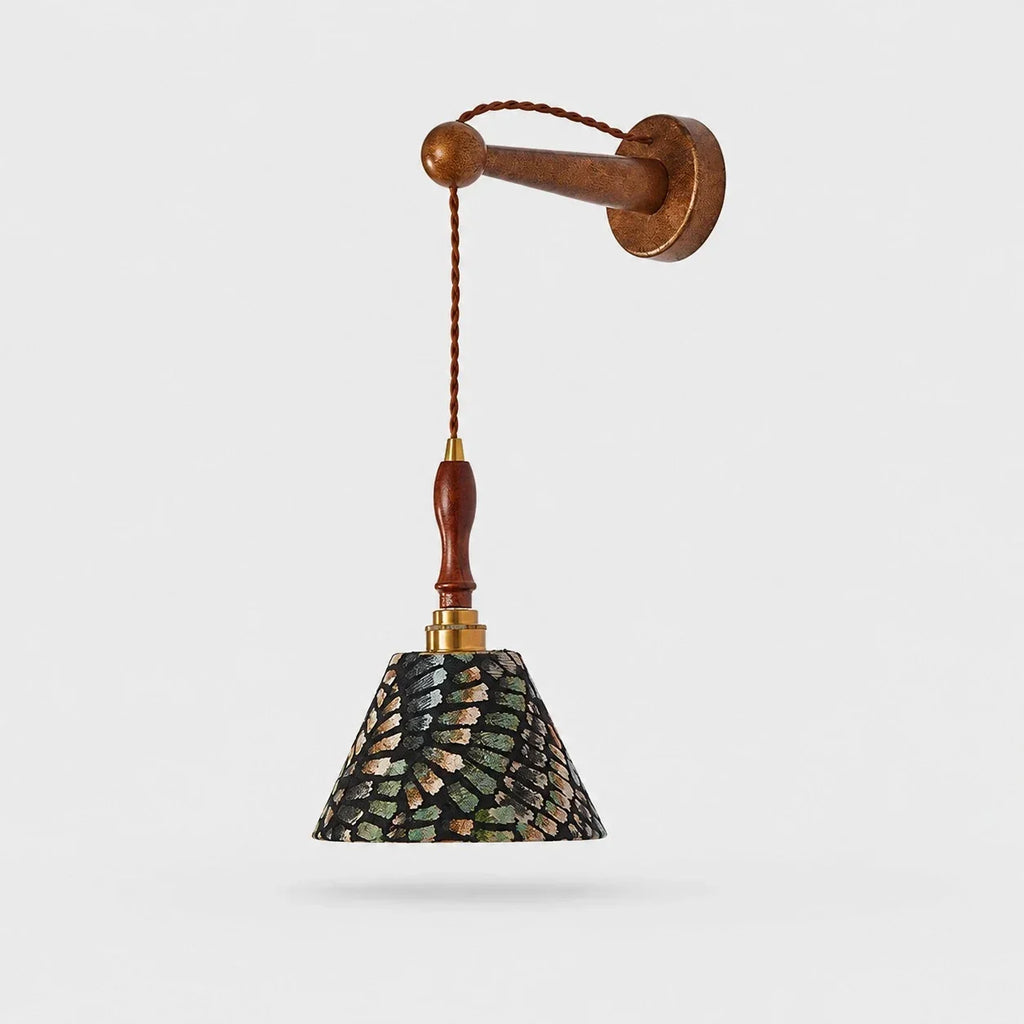 French Vintage Wall Sconce, Patterned Fabric Shade, Turned Wood Arm