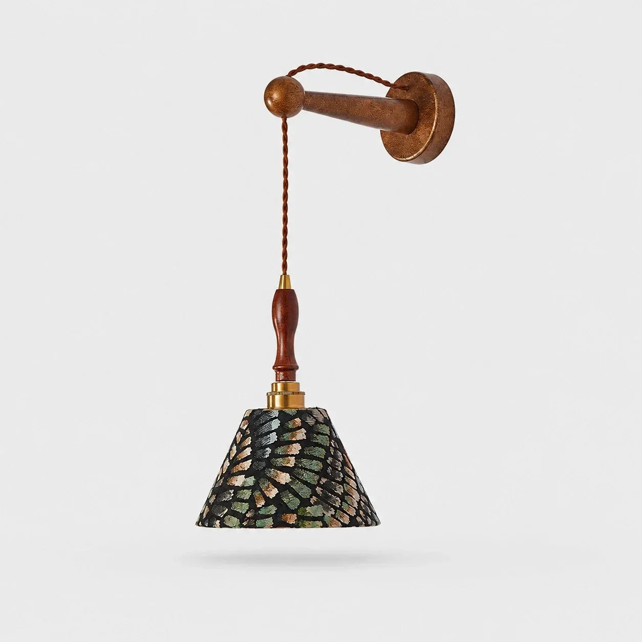 French Vintage Wall Sconce, Patterned Fabric Shade, Turned Wood Arm