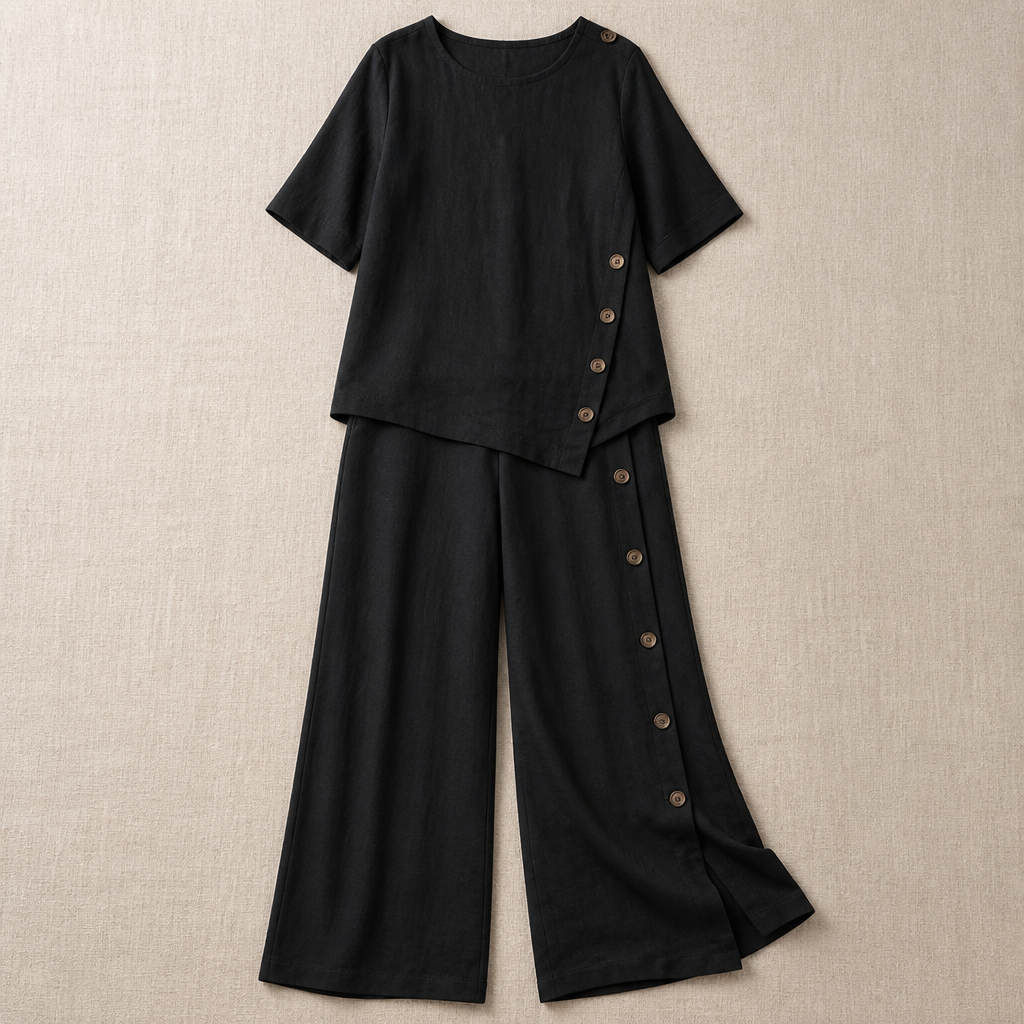 Conjunto SilkaLuxe – Duas peças com toque de linho e corte descontraído, com bainha assimétrica com botões | ribuella