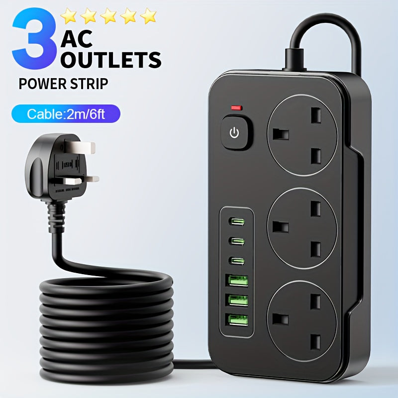 Ciabatta elettrica da 13A con 9 porte, 3 prese CA, 6 porte USB e cavo di prolunga da 2M