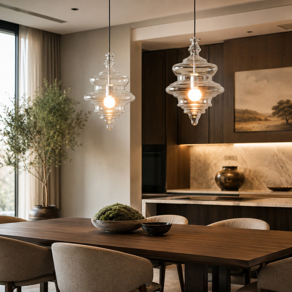 Suspension moderne en verre avec structure LED suspendue réglable pour l’éclairage de la cuisine | ribuella