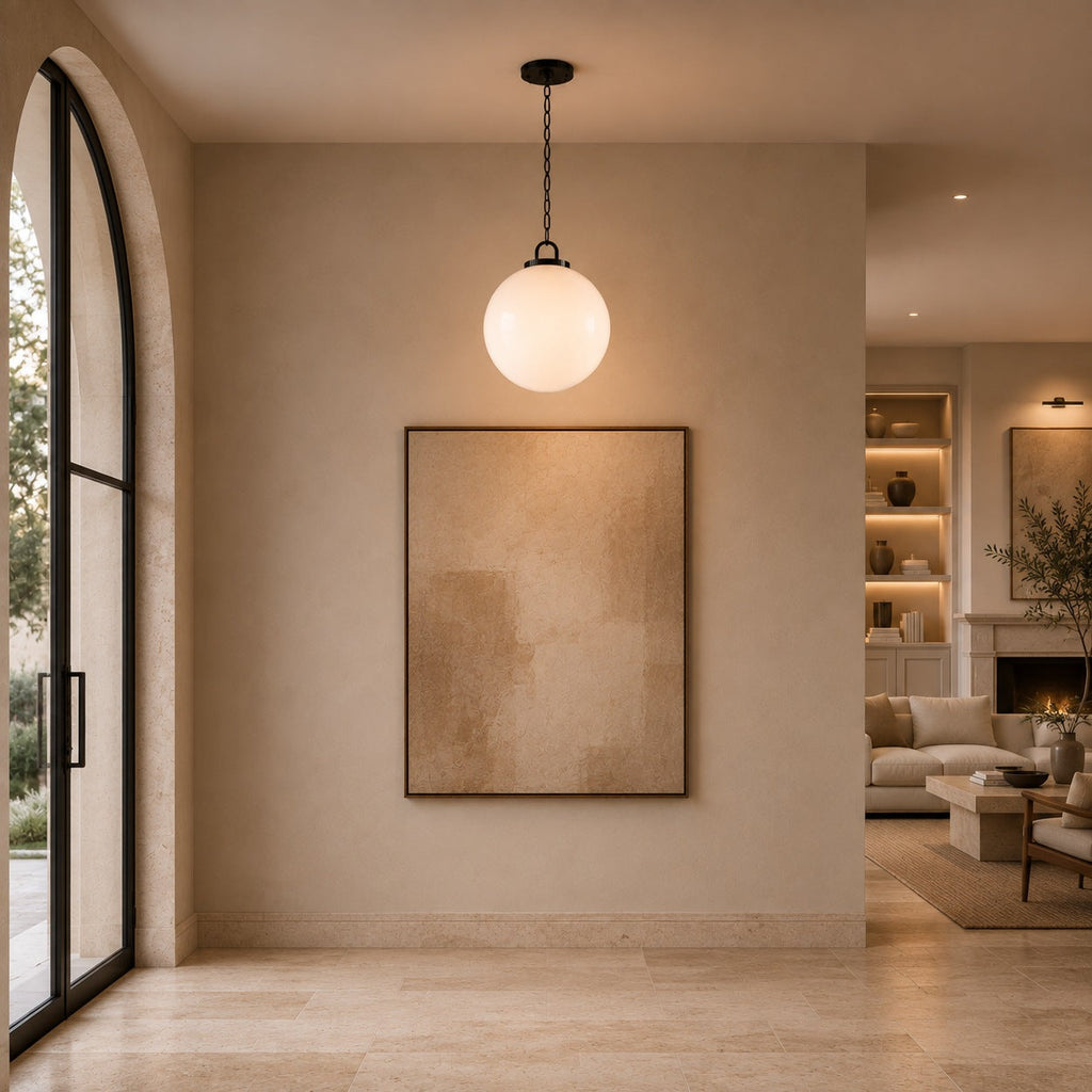 Modern Glass Globe Pendant Light with Chain – Brass or Bronze, Clear or Milk Glass | ribuella