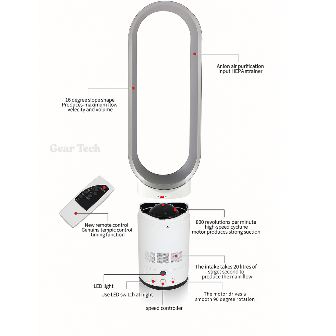Sleek Oscillating Bladeless Fan — Remote Control And Quiet Airflow