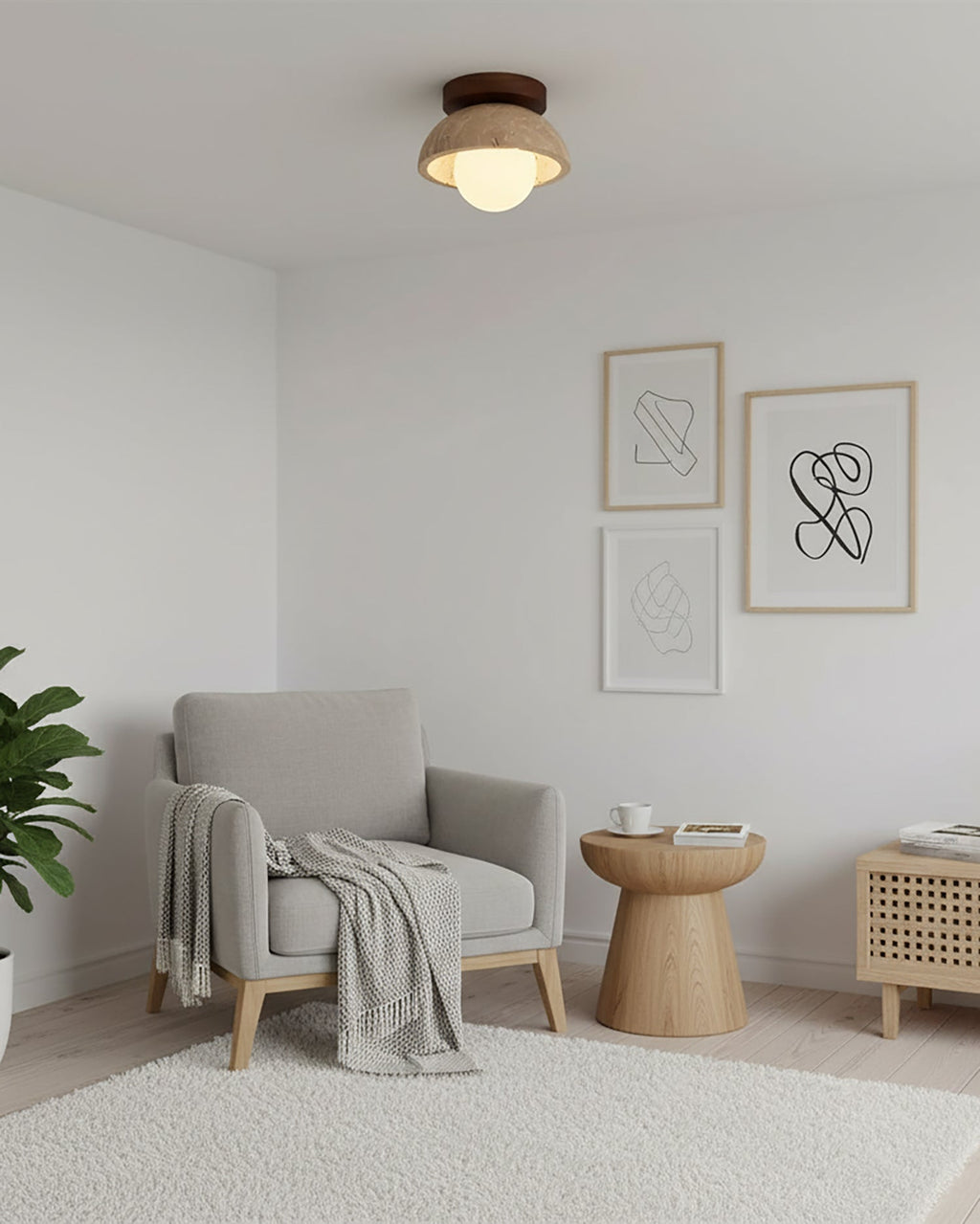 Moderne kompakt loftslampe med raffineret form og blødt varmt skær