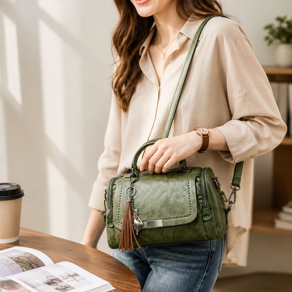Vegan Leather Convertible Satchel Handbag (Tassel Charm) | ribuella