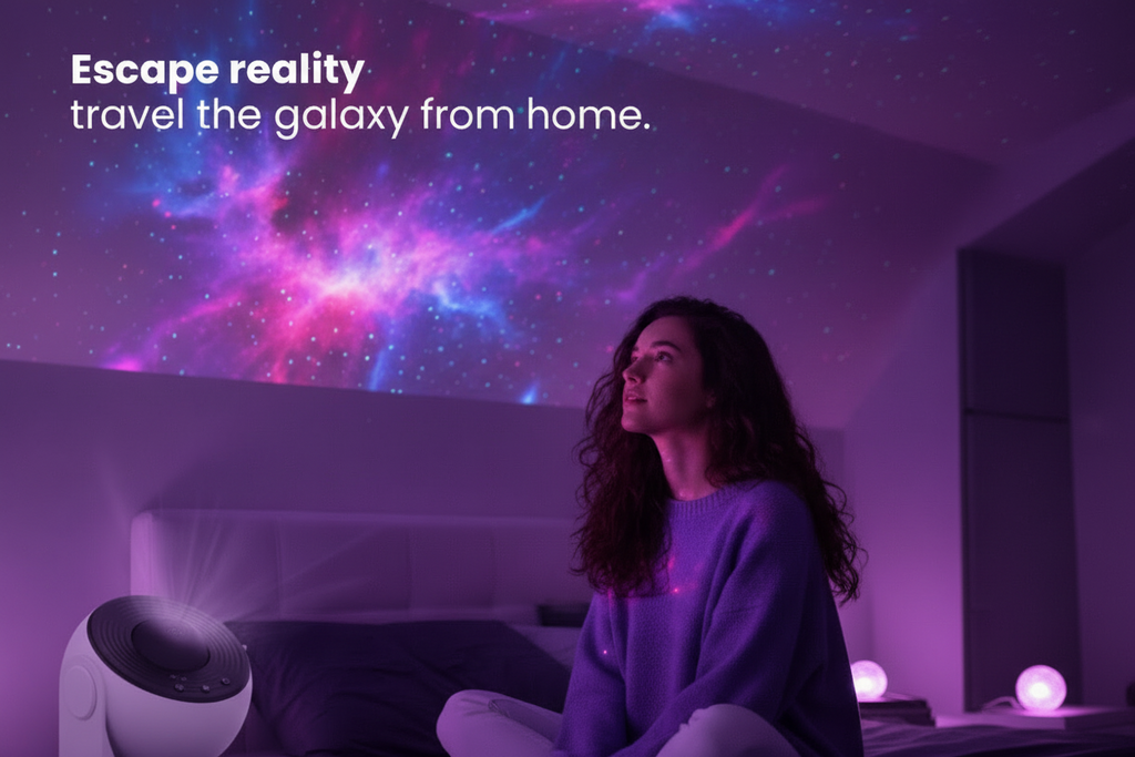 360-graders roterende galakseprojektor med stjernehimmel, nattlys med stjerne- og tåkeeffekt, flere filmplater