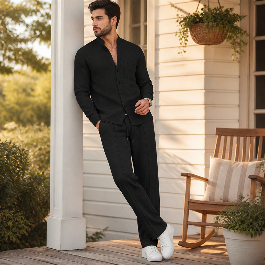 Stridonity – Relaxed Waffle-Texture Band-Collar Shirt & Pants Set | ribuella