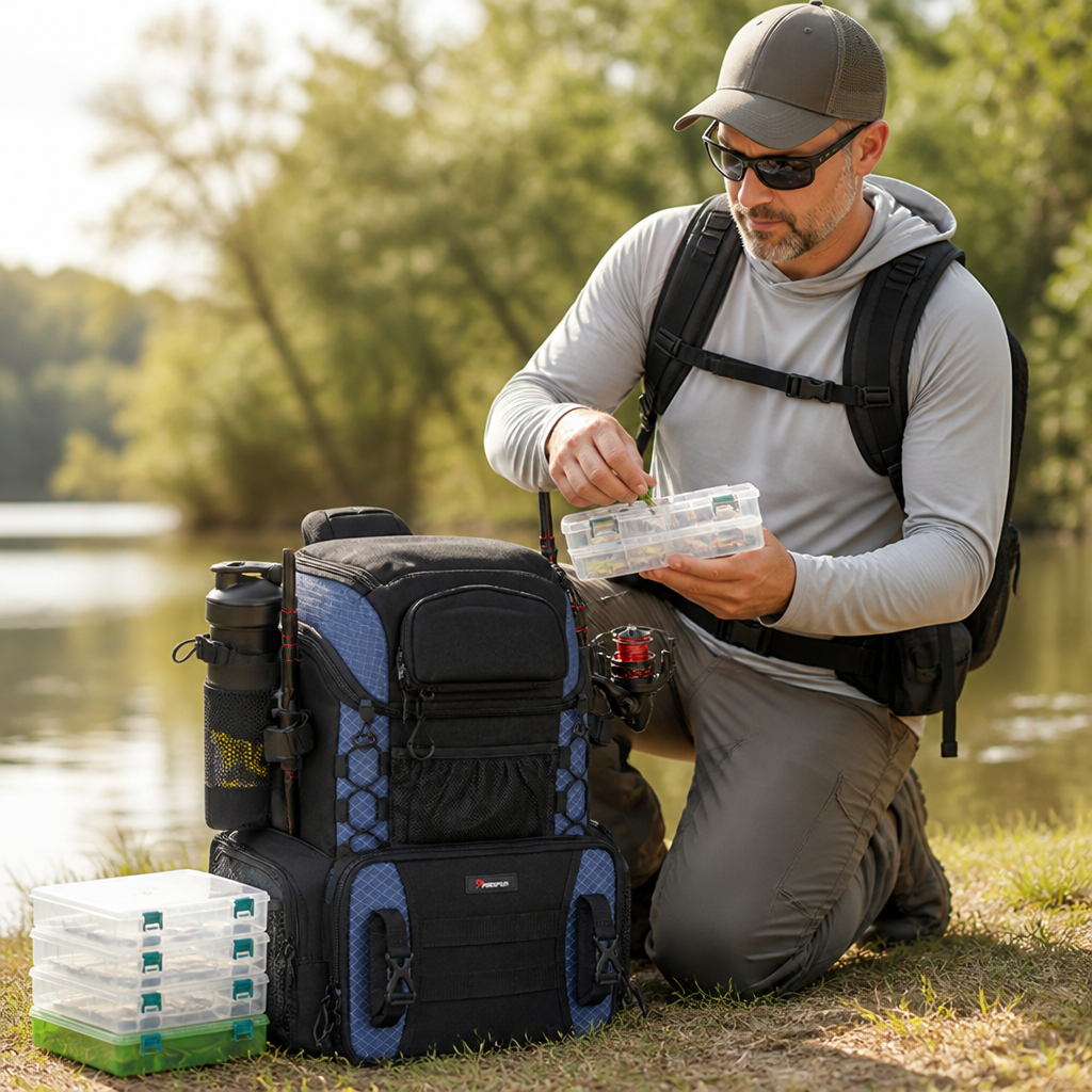 Rod Holders & Ergonomic Fishing Tackle Backpack (Includes 4 Utility Boxes) | ribuella